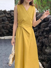 Sleeveless V-Neck Plain Asymmetrical Midi A-Line Dress