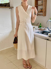 Sleeveless V-Neck Plain Asymmetrical Midi A-Line Dress