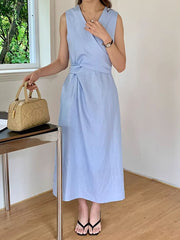 Sleeveless V-Neck Plain Asymmetrical Midi A-Line Dress