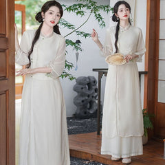 Set: 3/4-Sleeve Flower Embroidered Midi Hanfu Dress + Plain Wide Leg Pants