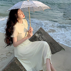 Traditional Chinese Short-Sleeve Stand Collar Lace Panel Frog Buttoned Midi A-Line Dress