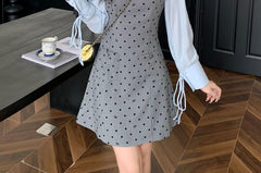 Long Sleeve Collared Dotted Mock Two Piece A-Line Dress