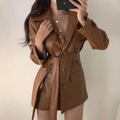 Long Sleeve Collared Plain Faux Leather Button Belted Shirt Dress