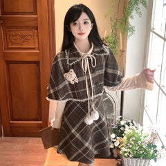 Long Sleeve Plaid Mock Two Piece A-Line Dress / Plaid Cape / Set