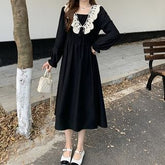 Long Sleeve Square Neck Lace Panel Midi A-Line Dress