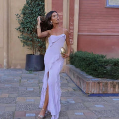 Chiffon Open-Back Slit Ruffle Midi Dress