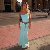 Solid Color Sleeveless Suspender Tube Top High Waist Long Skirt Set