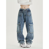 Washed Distressed Straight Jeans Pants