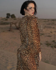 Leopard Print Ruffled Slit Long-Sleeved Midi Dress