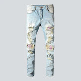 Pink patchwork distressed men's jeans
