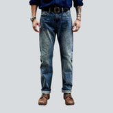 Sanded whiskered selvedge jeans for men