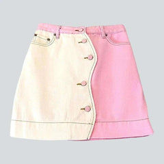 Two-tone patchwork pink denim skirt
