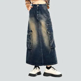 Voluminous long denim skirt for ladies