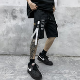 Black Label Style Long Streamer Shell Buckle Patchwork Design Shorts Pants