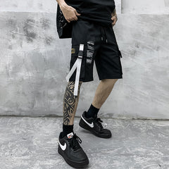 Black Label Style Long Streamer Shell Buckle Patchwork Design Shorts Pants