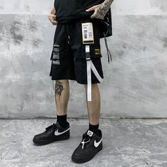 Black Label Style Long Streamer Shell Buckle Patchwork Design Shorts Pants