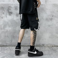 Black Label Style Long Streamer Shell Buckle Patchwork Design Shorts Pants