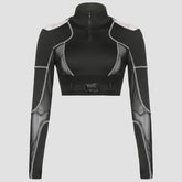 Dark Personality Patchwork Mesh Buckle Cropped Long Sleeve T Shirt