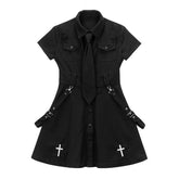 Dark Punk Cross Embroidery Tie Ribbons Dress