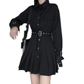 Dark Techwear Personality Belt Pleated Shirt Dress