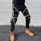 Skinny Straight Pants Black Street Ripped Cargo Pants