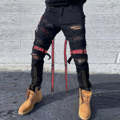 Skinny Straight Pants Black Street Ripped Cargo Pants