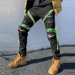 Skinny Straight Pants Black Street Ripped Cargo Pants