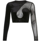 Velvet Mesh Patchwork Hollow Long Sleeve Tee