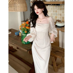 Long-Sleeve Square Neck Plain Ruffle Midi Sheath Dress