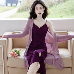 Set: Spaghetti Strap Scoop Plain Midi Sheath Dress + Plain Long Cardigan