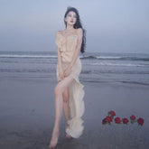 Halter-Neck Plain Bow High Low Mermaid Dress