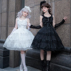Lolita Spaghetti Strap V-Neck Ruffle Trim Tiered A-Line Dress / Gloves / Set