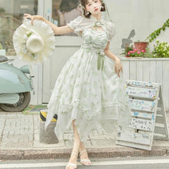 Lolita Spaghetti Strap Floral Print Midi Dress / Lace Shrug / Set