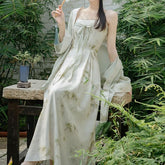 Spaghetti Strap Bamboo Print Midi A-Line Dress / Light Jacket / Set