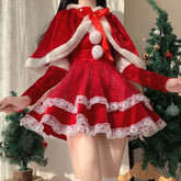 Pom Pom Ruffle Velvet Mini A-Line Tube Dress / Arm Sleeves / Tie Front Capelet / Christmas Party Costume Set
