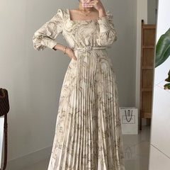 Long-Sleeve Square Neck Floral Midi A-Line Dress