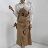 Long-Sleeve Collared Two Tone Double-Breasted Midi Shirt Dress