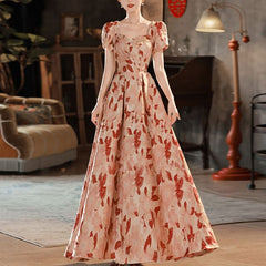 Puff Sleeve Square Neck Floral Jacquard Midi A-Line Cocktail Dress / Evening Gown