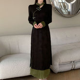 Long-Sleeve Stand Collar Floral Jacquard Keyhole Midi A-Line Dress / High Rise Plain Shirred Midi A-Line Skirt / Set