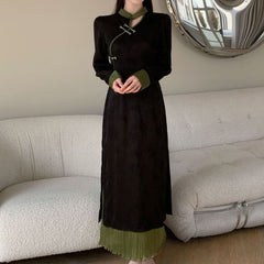 Long-Sleeve Stand Collar Floral Jacquard Keyhole Midi A-Line Dress / High Rise Plain Shirred Midi A-Line Skirt / Set