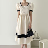 Short-Sleeve Square Neck Two Tone Midi A-Line Dress