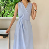 Sleeveless V-Neck Plain Asymmetrical Midi A-Line Dress