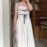 Spaghetti Strap Ribbon Accent Plain Midi A-Line Dress