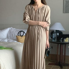 Long Sleeve Round Neck Plain Accordion Pleated Tie Front Maxi A-Line Dress