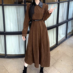 Long Sleeve Contrast Collar Mock Two Piece Corduroy Midi A-Line Dress