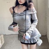 Long Sleeve Off Shoulder Plain Bow Ruffle Top / Spaghetti Strap Plain Panel Lace Mini Sheath Dress