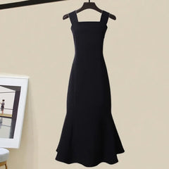 Rhombus Print Lapel Tulle Shirt Fishtail Slip Dress