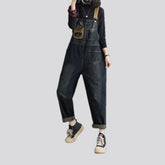 Abraded pattern loose fit jean bib for ladies