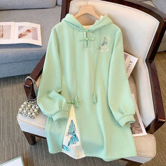 Aesthetic Embroidery Buckle Plush Hoooded Sweatshirt Dress
