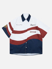 American Style Color Block Print Lapel Shirt